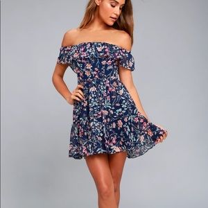 Lulus Navy Blue Floral Off-the-Shoulder Dress